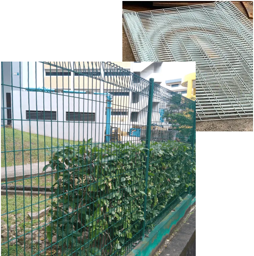 Two images of a green wire mesh fence, showcasing its design and structure, typical of mesh fencing in Singapore.